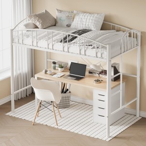 Twin Loft Bed with Stairs & Arched Guardrail, Metal Platform Bed with Strong Slats, Space-Saving, Noise-Free, No Box Spring Needed, Kids & Dorm Room - 1 of 4