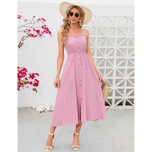Coolmee Women's Dress Casual Summer Spaghetti Strap Dress Button Down Sleeveless A Line Beach Swing Midi Sundress - 1 of 4