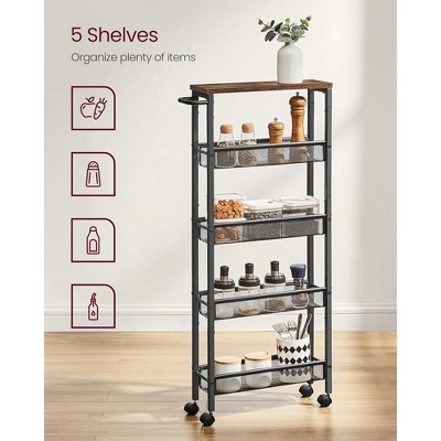 Slim Rustic Brown and Black Metal 5-Tier Rolling Kitchen Cart