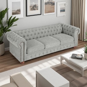 88.5" PU Chesterfield 3-Seater Sofa with Scrolled Arms - 1 of 4