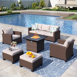 Captiva Designs 6pc Outdoor Patio Wicker Rattan Fire Pit Set with Cushioned Ottomans and Single Sofas - 1 of 4