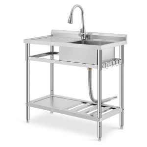 Stainless Steel Utility Sink,  Freestanding Single Bowl with Storage Shelf, Pull-Out Hot & Cold Faucet - 1 of 4