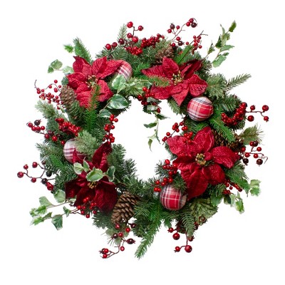 Northlight Poinsettias and Red Berries Artificial Christmas Wreath - 30-Inch, Unlit