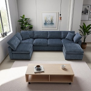 130" Chenille Modular Sectional Sofa with Ottoman & Pillows - 1 of 4