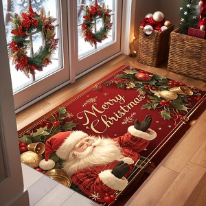 Lomsoe Santa Claus and Christmas Tree Pattern Welcome Mat - "Merry Christmas" Text, Machine Washable, Festive Holly Berry,Christmas Welcome. - 1 of 4