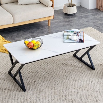 CAVINAS Coffee Tables for Living Room Rock Slab Material Coffee Table with Golden Metal Legs for Dining Room