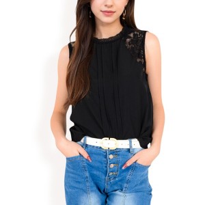 Anna-Kaci Women's Sleeveless Blouse with Lace Yoke and Pleated Front - 1 of 4