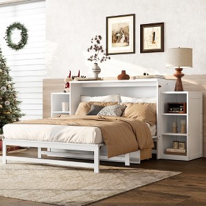 KWPZQEB Murphy Bed, Farmhouse Murphy Cabinet w/ 2 Drawers & Open Shelves, Wooden Cabinet Bed, Hideaway Foldable Platform Bed for Guest Room - 1 of 4