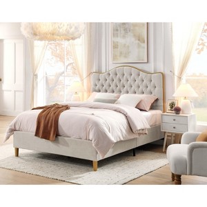 ORRD  Queen Upholstered Bed Frame with Tufted Curved Headboard, Modern Fabric Platform Bed for Bedroom,Beige - 1 of 4