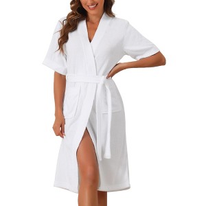cheibear Women's After Shower Short Sleeve Self Tie Loose with Pocket Robe - 1 of 4