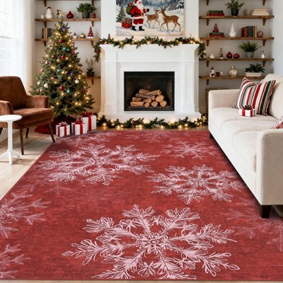 Christmas Rug Washable Rug for Living Room, Snowflake Printed Mats