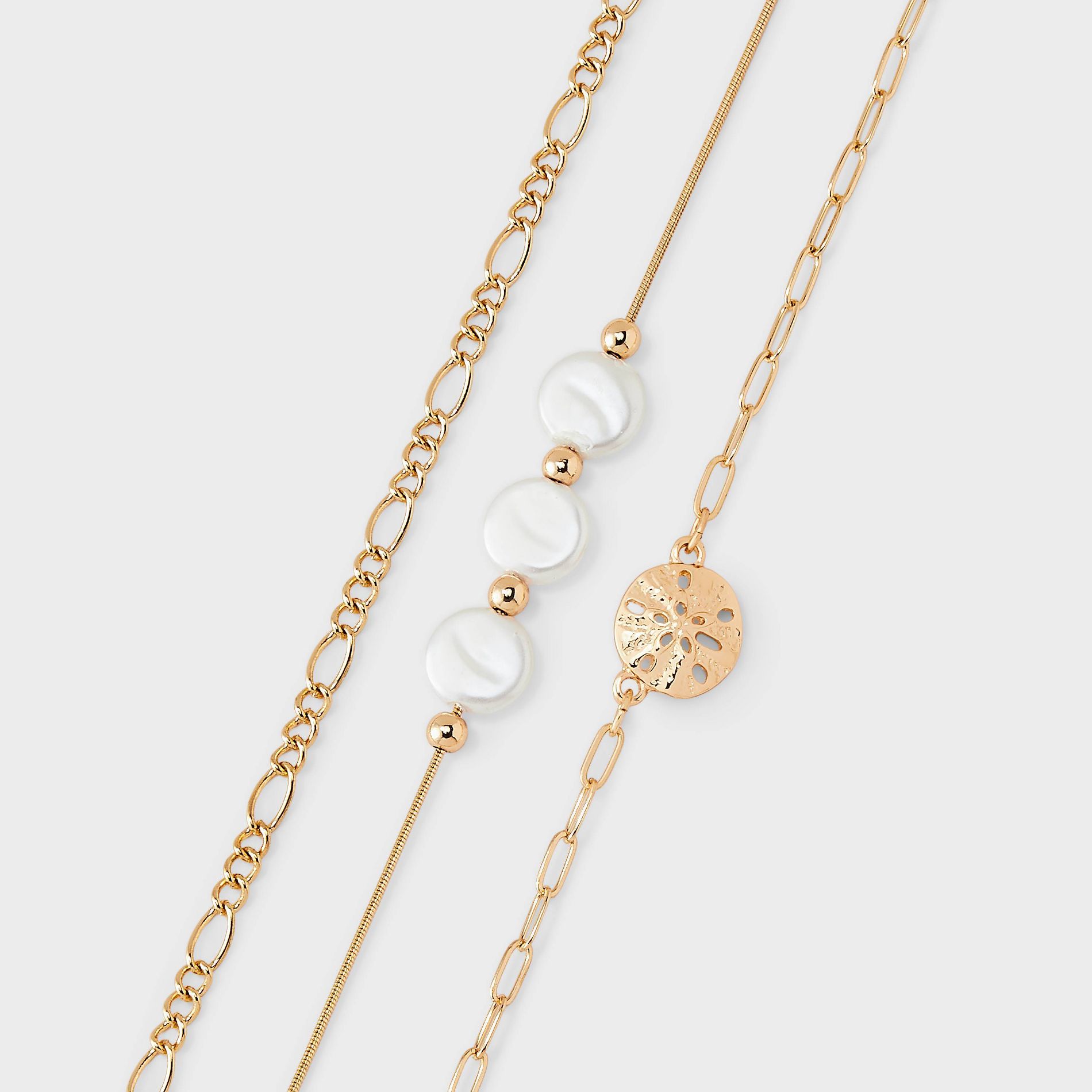 Sand Dollar Pearl and Charm Anklet 3pc Set - A New Day™ Gold