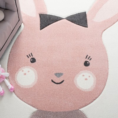 Handmade Pink and Ivory Rectangular Kids Rug, 6'-7" x 9'
