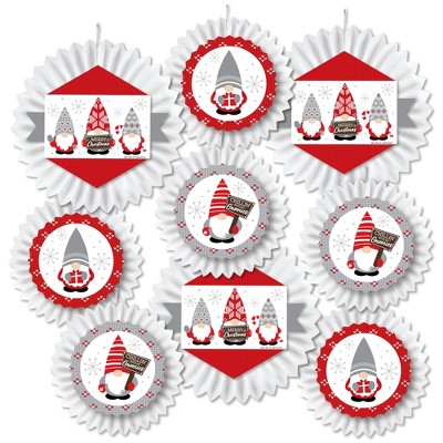 Big Dot of Happiness Christmas Gnomes - Hanging Holiday Party Tissue Decoration Kit - Paper Fans - Set of 9