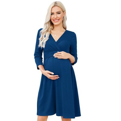 Maternity Dress V Neck Nursing 3/4 Sleeve A Line Party Midi Dress