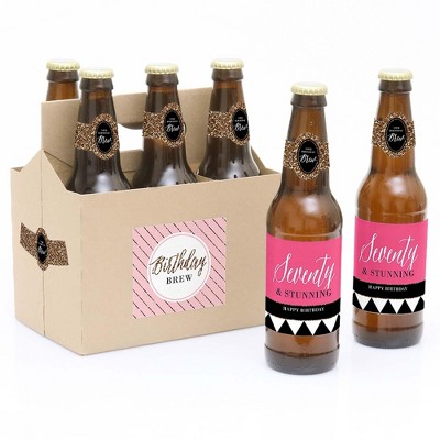 Big Dot of Happiness Chic 70th Birthday - Pink, Black and Gold - Birthday Party Decorations for Women - 6 Beer Bottle Label Stickers and 1 Carrier