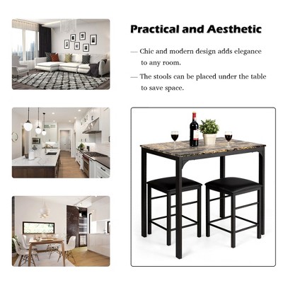 Costway 3-Piece Dark Faux Marble Pub Table Set with Black Chairs