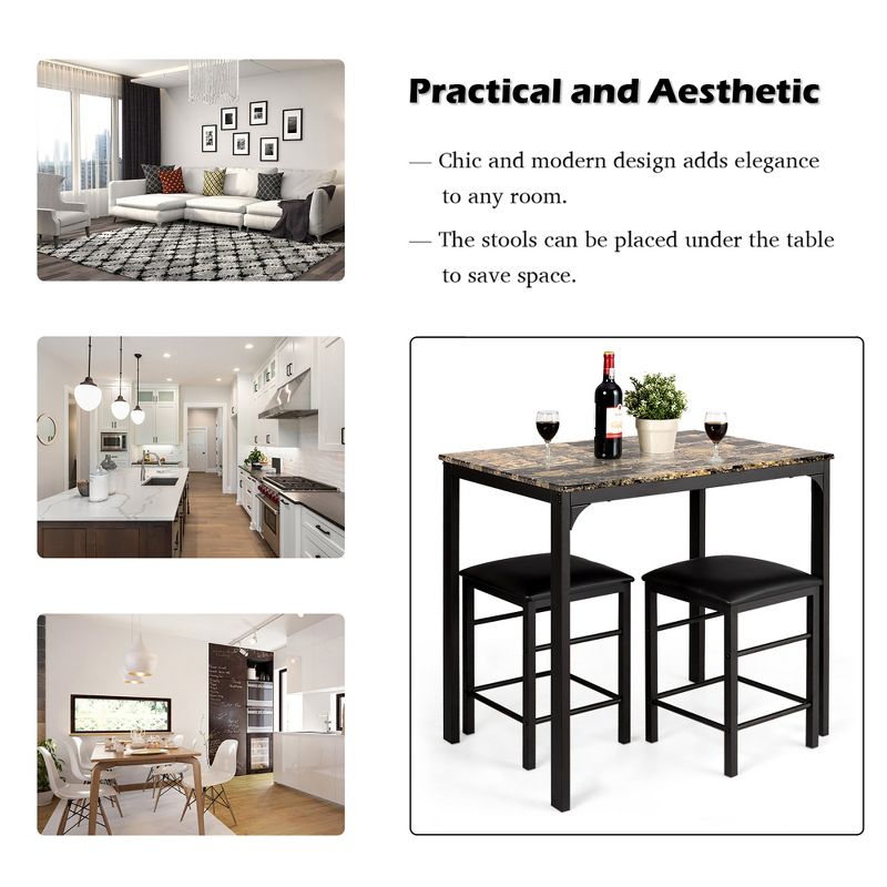 Costway 3 PCS Counter Height Dining Set Faux Marble Table 2 Chairs Kitchen Bar Furniture, 5 of 11