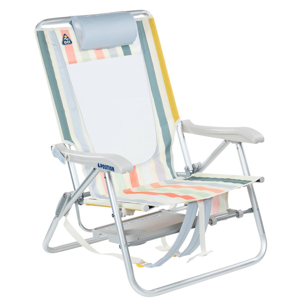 GCI Outdoor Big Surf with Slide Table Low Profile Reclining Outdoor Portable Beach Chair with Pillow - Retro Stripe