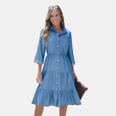 Women's Collared Front Button Half Sleeve Midi Dress - Cupshe