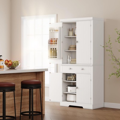 Kitchen Pantry Cabinet, Farmhouse Storage Cabinet with Drawer, Door Shelves & Adjustable Shelves, Freestanding Wooden Cupboard Buffet