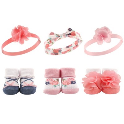Hudson Baby Infant Girl Headband and Socks Giftset 6pc, Coral Floral, One Size