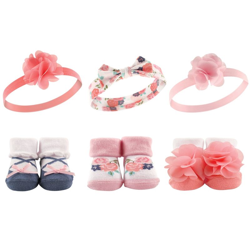 Hudson Baby Infant Girl Headband and Socks Giftset 6pc, Coral Floral, One Size, 1 of 4