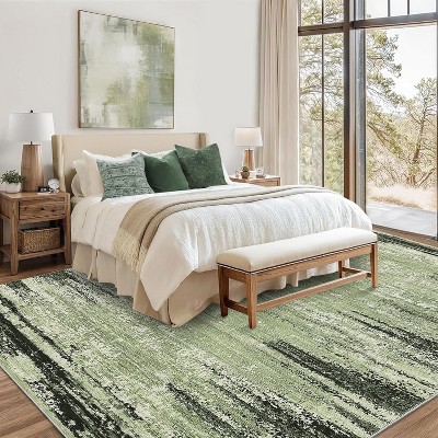 Modern Abstract 10x13 Area Rug – Machine Washable Non-Slip Low Pile Carpet, Soft, No-Shedding, Stain-Resistant Accent Rug for Bedroom, Green