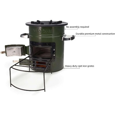 Military Green Portable Wood Burning Rocket Stove with Cast Iron Top