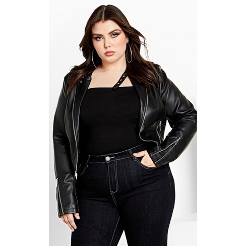 Women's Plus Size Cropped Biker Jacket - Black