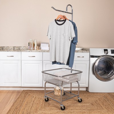 Chrome Rolling Laundry Cart with Basket and Hanging Bar