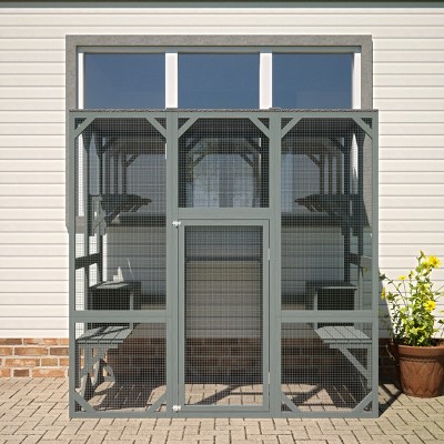 71" Wooden Outdoor Catio,Large Cat Enclosure with Waterproof Roof,Jump Platforms and Condos for Multiple Cats-LAOTIES