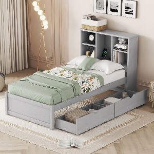 CAVINAS Modern Twin Size Bed Frame, Wood Platform Bed Frame with Bookcase Headboard, USB Charging Storage Bed with 2 Sliding Drawers for Bedroom - 1 of 4