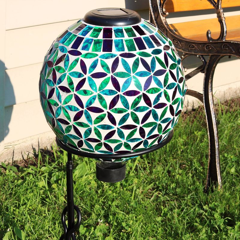 Sunnydaze Blue Cool Blooms Glass Mosaic Indoor/Outdoor Gazing Globe with Solar Light - 10" Diameter - Blue and Green, 2 of 10