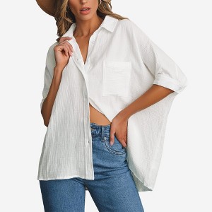Amaryllis Women’s Relaxed Fit Button Down Gauze Shirt with Front Pocket Collared Neckline and High Low Hem - 1 of 4
