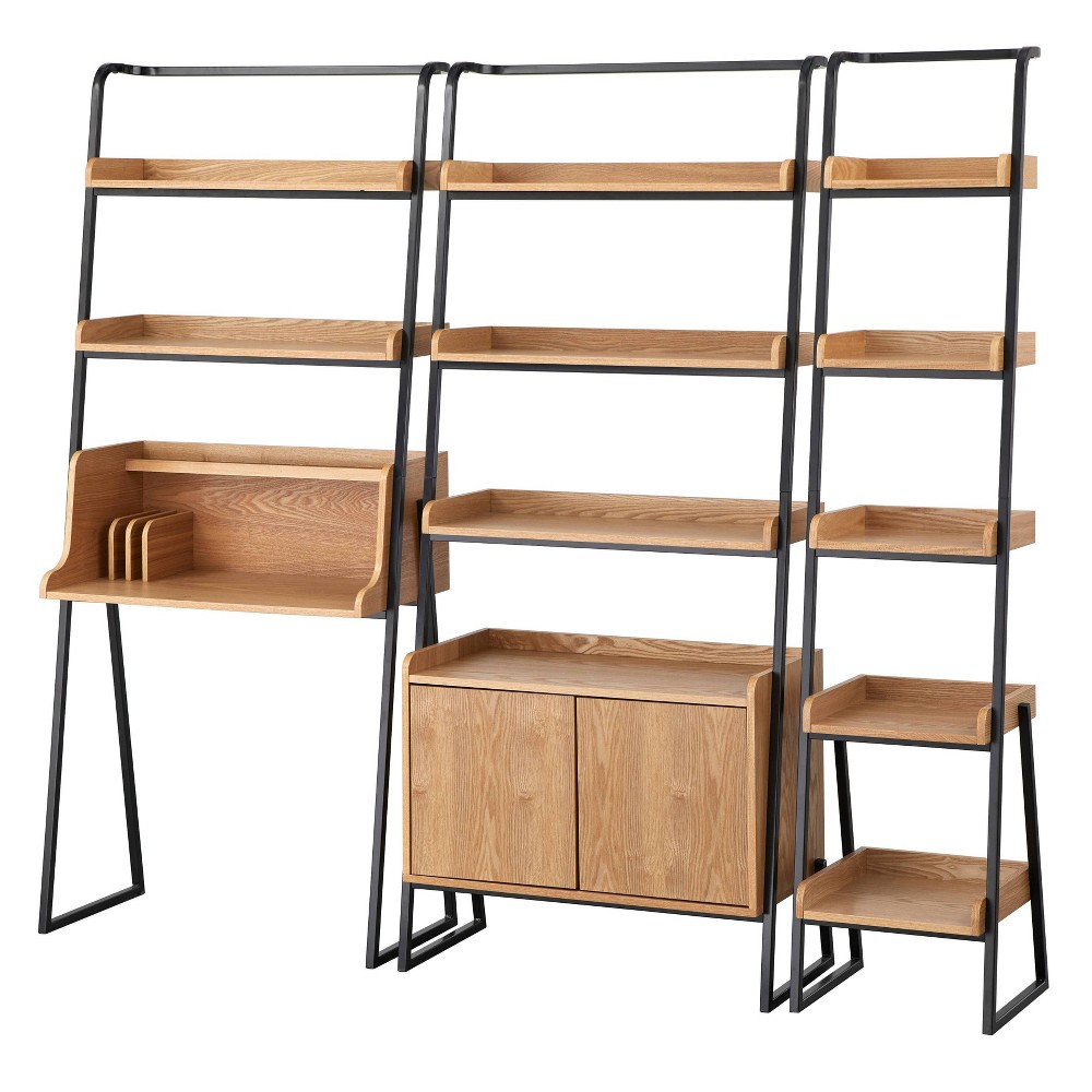 3Pc Estanier Group Natural/Black - Lifestorey: MDF Veneer Workstation with Metal Frame, Shelves &#38; Cabinet