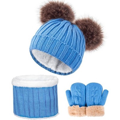SENPUKI 3 Pcs Kids Winter Knitted Beanie Hat Scarf Gloves Set Warm Soft Thick Fleece Lining for Girls 1-10 Years