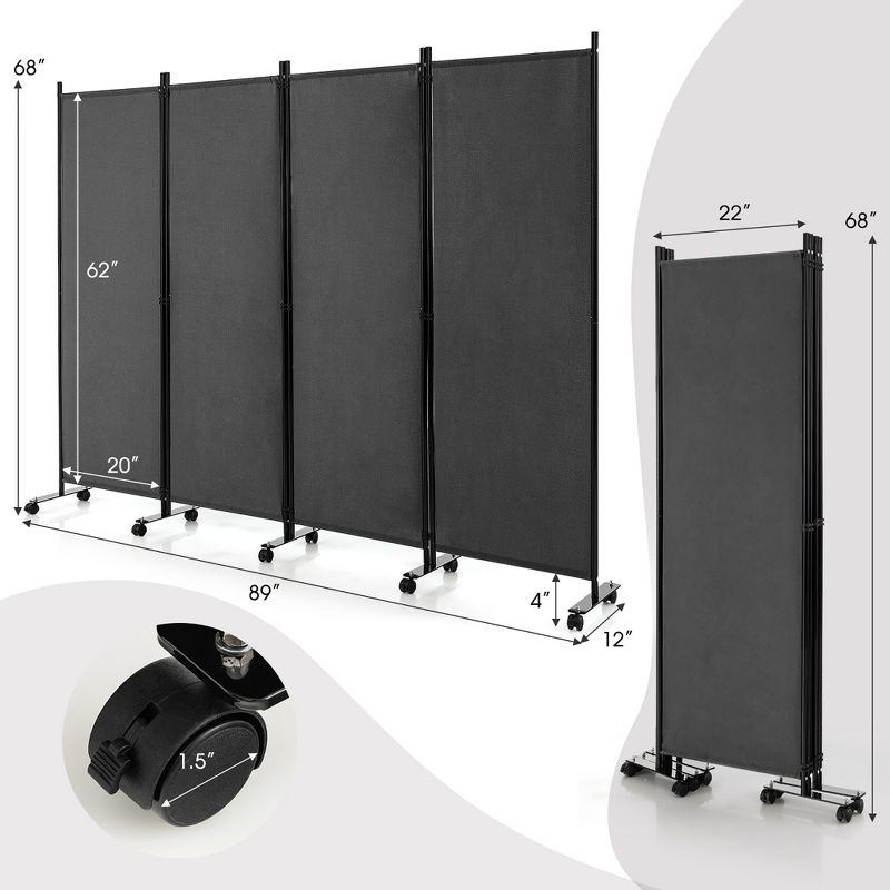 Costway 4-Panel Folding Room Divider 6FT Rolling Privacy Screen with Lockable Wheels Black/Brown/Grey/White, 3 of 10