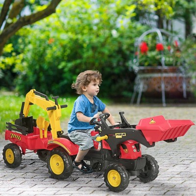 Aosom Red and Yellow Kids Pedal Ride-On Excavator with Detachable Trailer