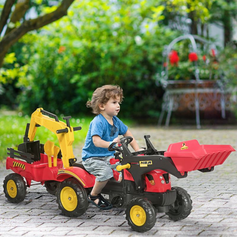 Aosom 3 in1 Kids Ride On Excavator/Bulldozer, Pedal Car Digger Toy Move Forward/Back with 6 Wheels and Detachable Cargo Trailer, Red, 4 of 10