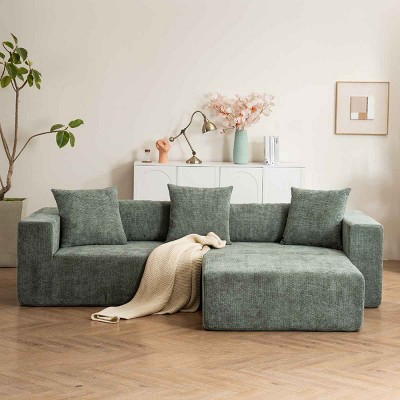 Modular L-Shaped Cloud Sofa, Deep Seat Sectional Sofa with Lounge amd Ottoman, Soft Cushion Sofa with Sping and Corduroy Cover-Coolbibila