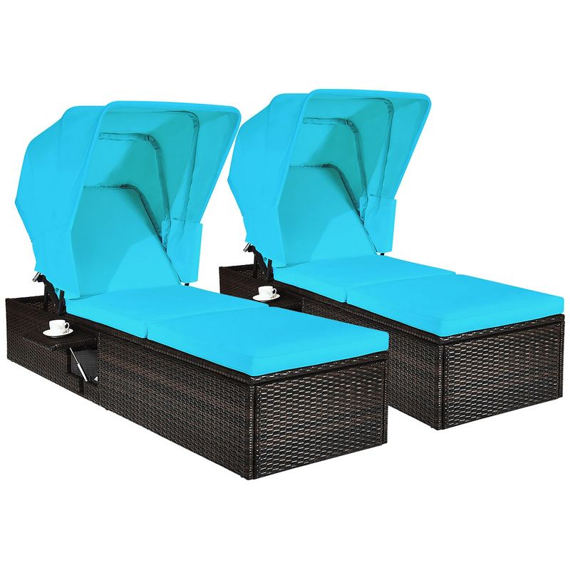 Costway 2PCS Patio Rattan Lounge Chair Chaise Cushioned Top Canopy Adjustable Turquoise, 2 of 11