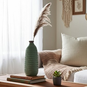 Boho Ceramic Ceramic Vase - Textured Decorative Flower Holder for Home, Office, Bedroom & Living Room - Modern Accent Piece; 16" Green - 1 of 4