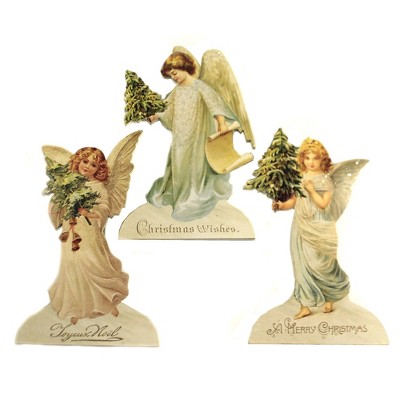 Christmas 6.5" Angel With Tree Dummy Board S/3 Lowe Victorian Glitter  -  Decorative Figurines