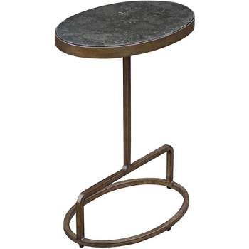 Uttermost Rustic Antiqued Gold Iron Oval Accent Table 18" x 12" Polished Bluestone Marble Tabletop for Living Room Bedroom Bedside