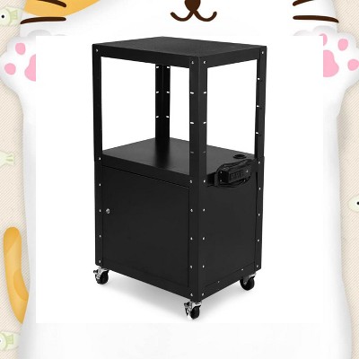 Garvee Height Adjustable AV Cart with Lockable Storage - Durable Black Steel Cart with 3 Shelves, Integrated Power Strip