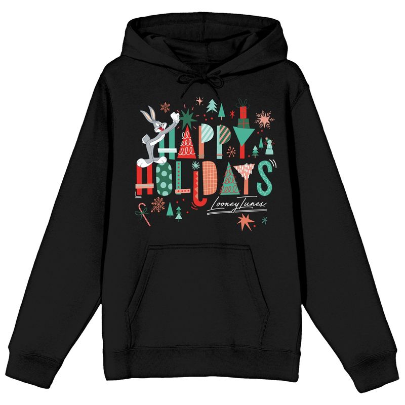 Looney Tunes Happy Holidays With Characters Women's Black Graphic Hoodie, 1 of 4