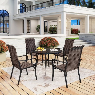 5pc Patio Dining Set With Rattan Arm Chairs & Round Steel Table ...