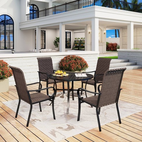 5pc Patio Dining Set With Rattan Arm Chairs Round Steel Table