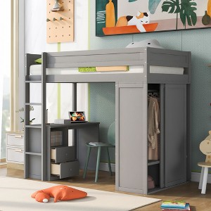 NicBex Twin Size Bunk Bed with Desk Wood Rack Bed Frame with Storage Drawers, Wardrobes, Guardrails and Ladder, No Spring Box Required - 1 of 4